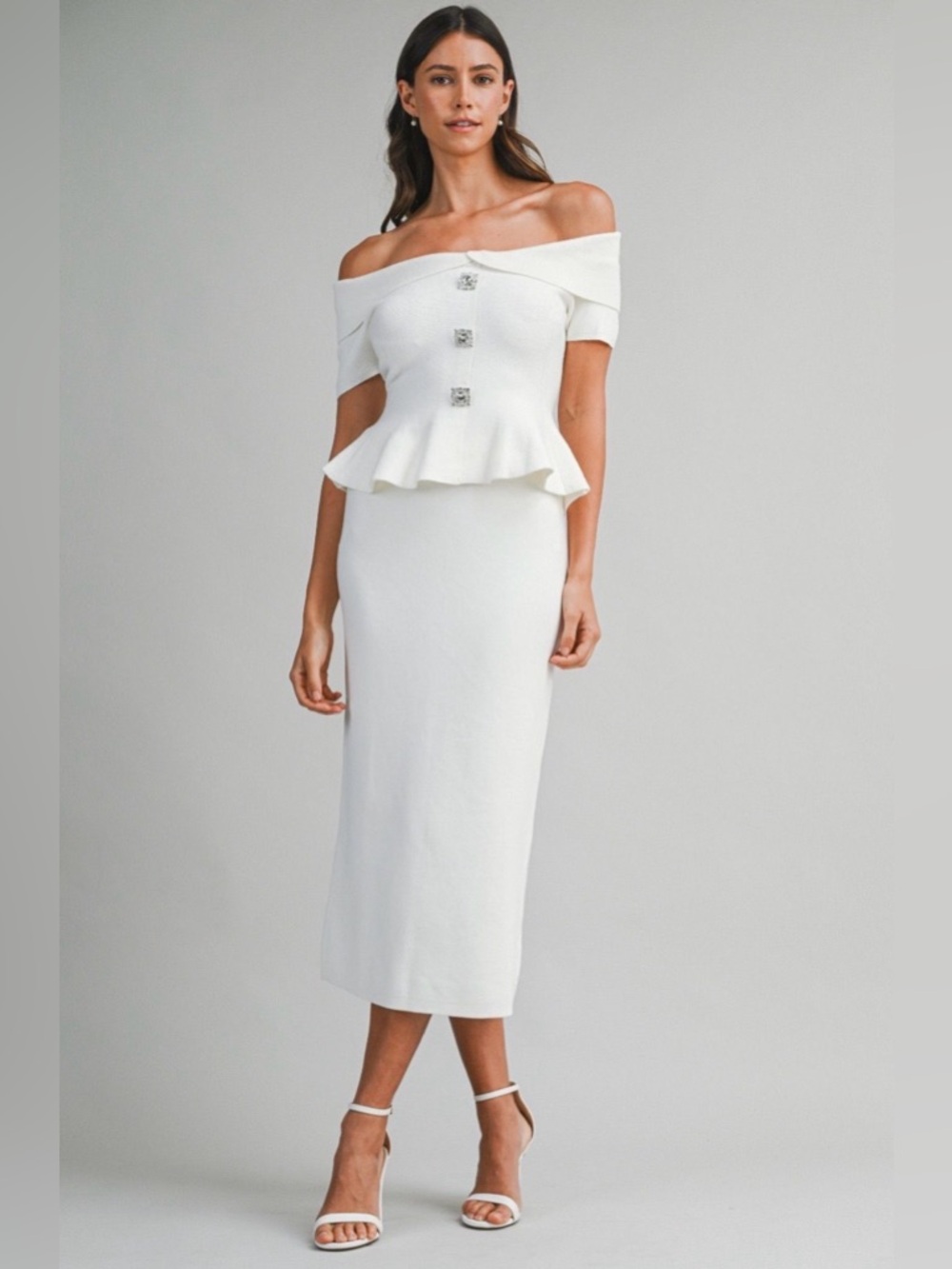 NWT MABLE Off-Shoulder Peplum Midi Dress in White